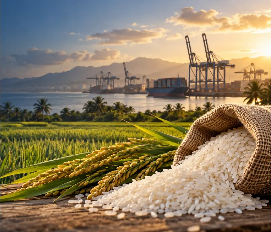 Campo de arroz dominicano junto a un puerto, como símbolo de producción local y comercio exterior.