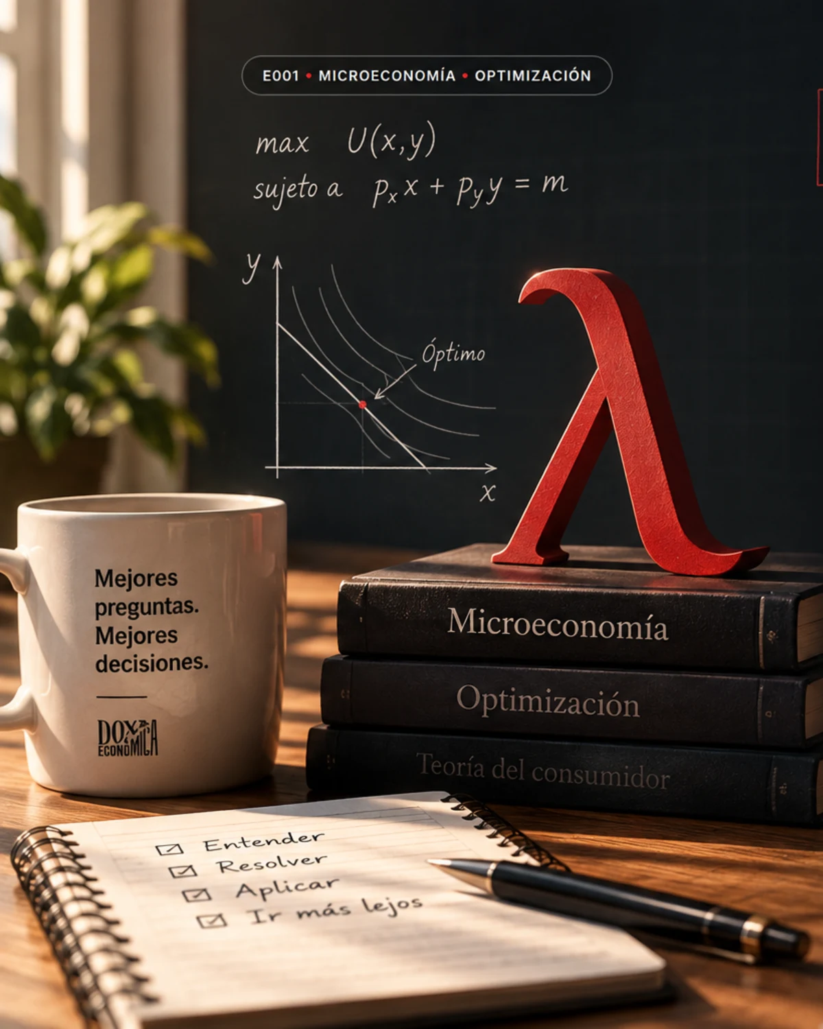 Escritorio académico con un símbolo lambda rojo, libros de microeconomía y una pizarra con un problema de optimización.